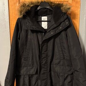 GAP Men's Black Jacket with Faux Fur Trim
